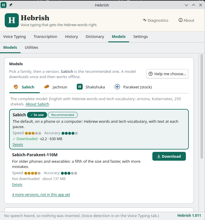 Hebrish 1.011 on Ubuntu, Models tab: Sabich v2.2 in use and recommended, Sabich-Parakeet-110M below it, each with speed and accuracy dots and its size